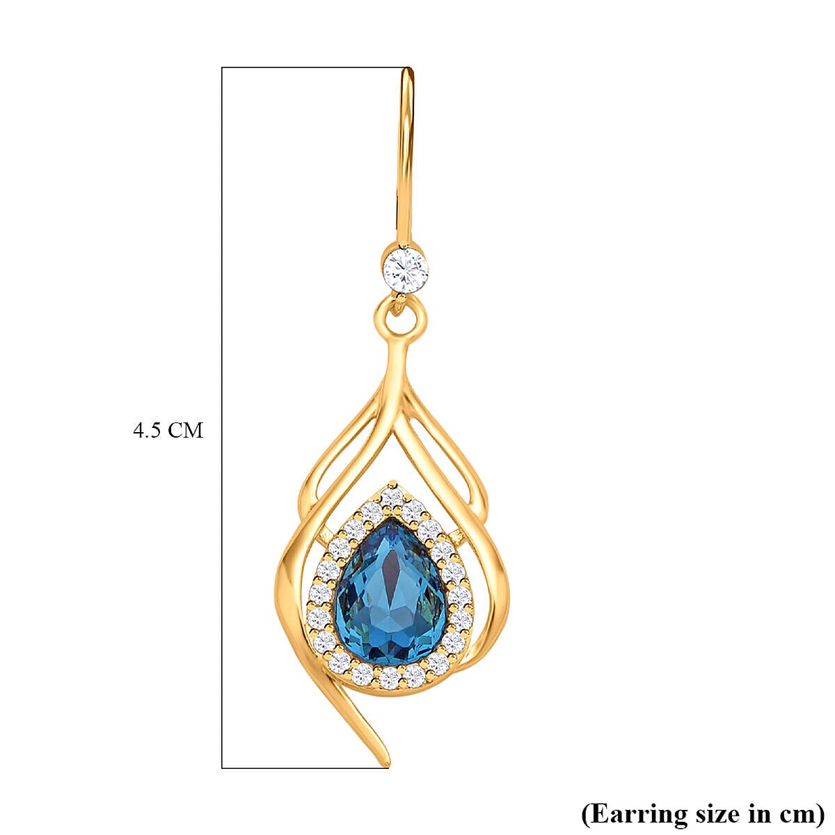 Blue Austrian Crystal and Simulated Diamond Dangle Earrings (with Fish Hook) in Yellow Gold Tone
