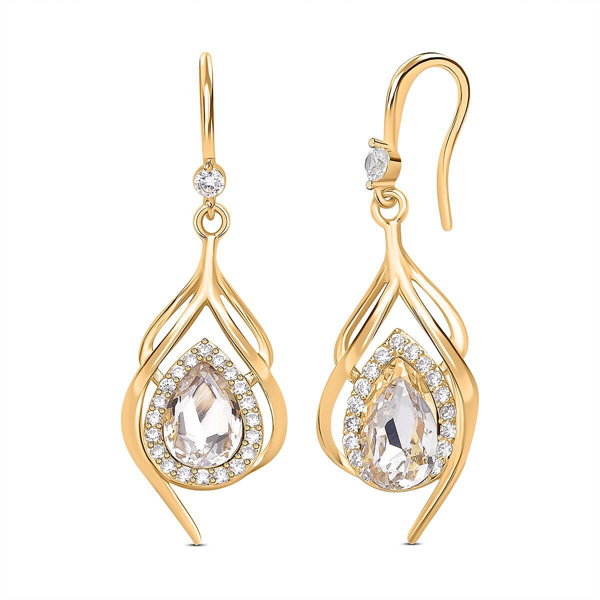 Simulated Diamond and White Austrian Crystal Earrings (with Fish Hook) in Yellow Gold Tone