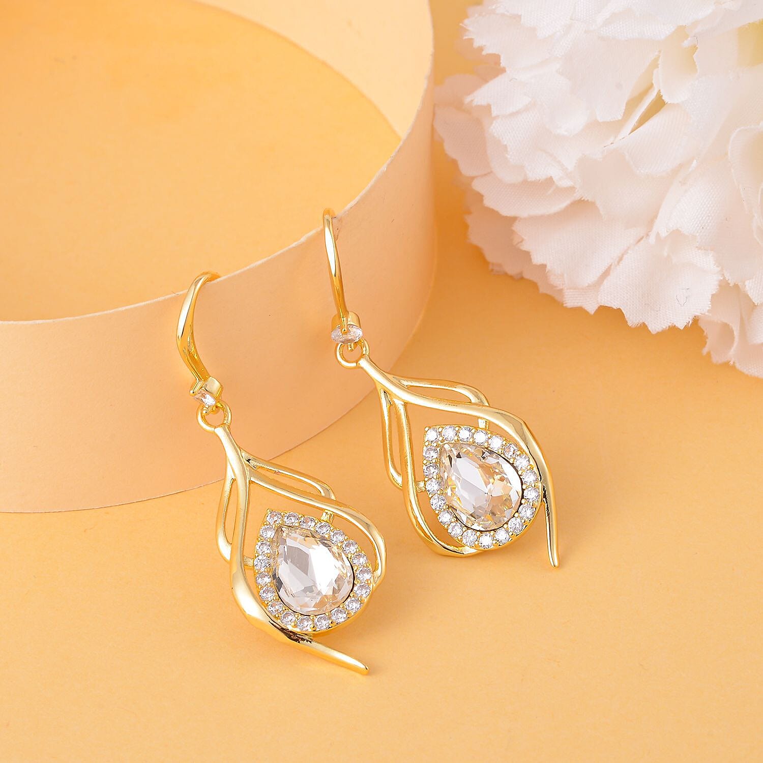 Simulated Diamond and White Austrian Crystal Earrings (with Fish Hook) in Yellow Gold Tone