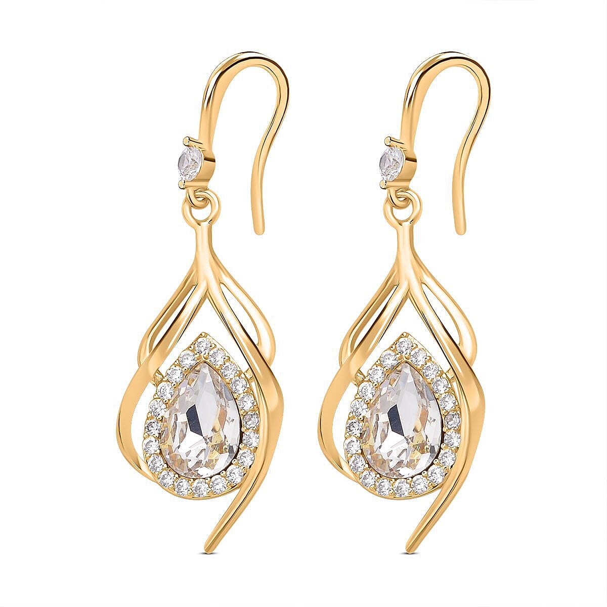 Simulated Diamond and White Austrian Crystal Earrings (with Fish Hook) in Yellow Gold Tone