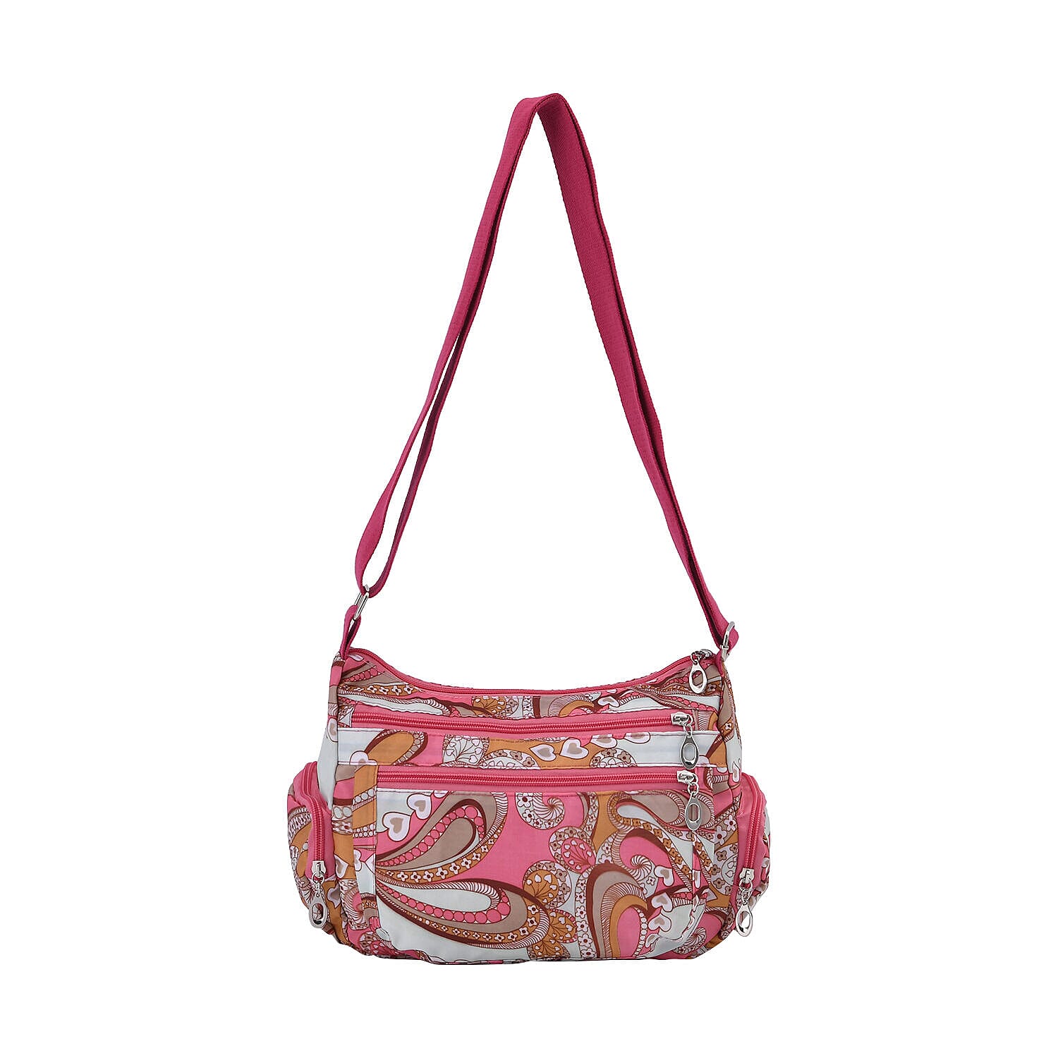 Oxford Heart Pattern Crossbody Bag with Shoulder Strap (Size 26x20x10 cm) - Pink and Multi