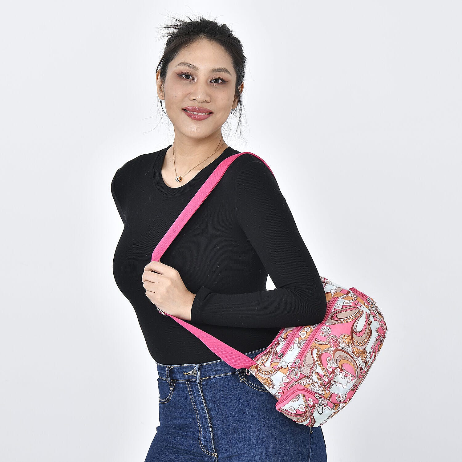 Oxford Heart Pattern Crossbody Bag with Shoulder Strap (Size 26x20x10 cm) - Pink and Multi