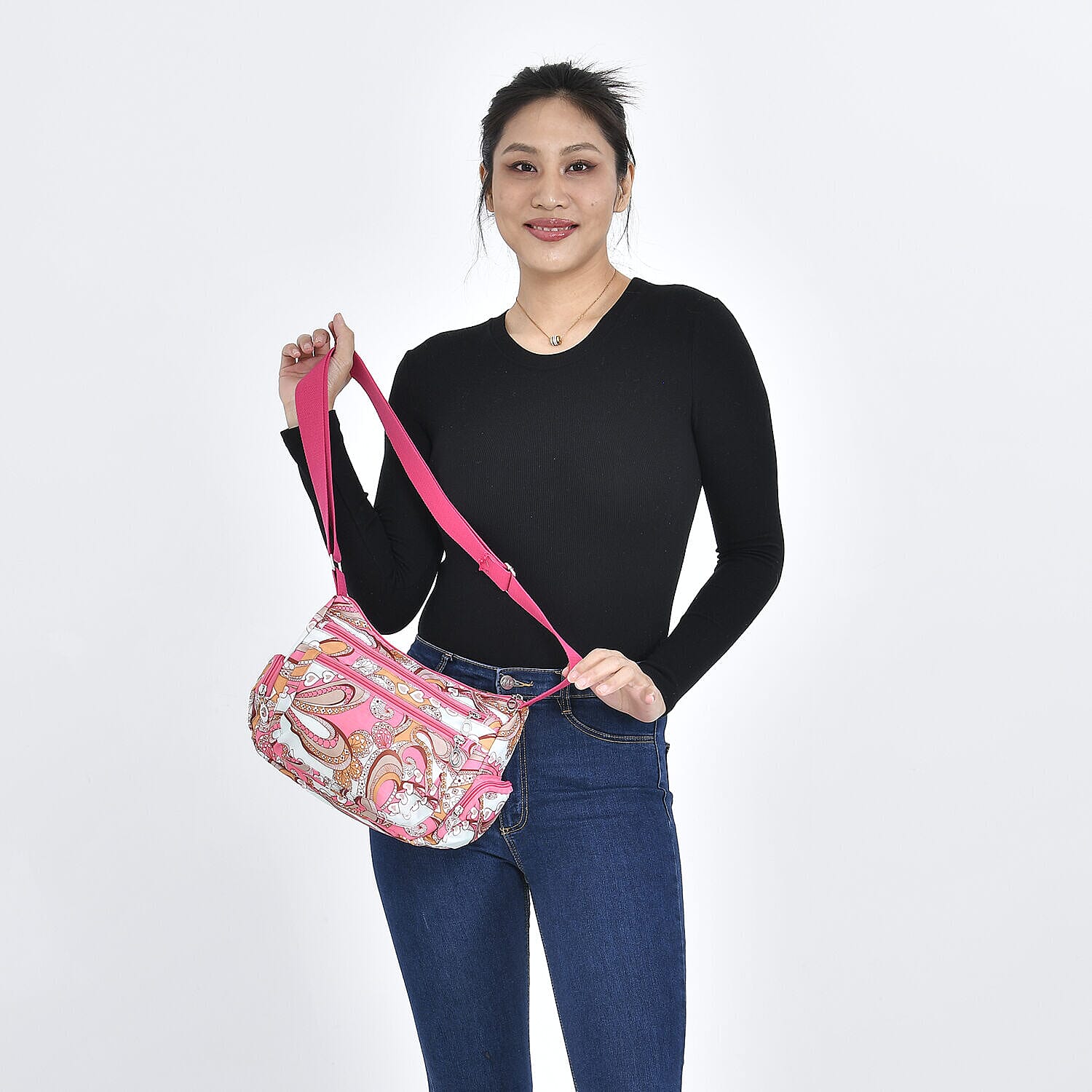 Oxford Heart Pattern Crossbody Bag with Shoulder Strap (Size 26x20x10 cm) - Pink and Multi