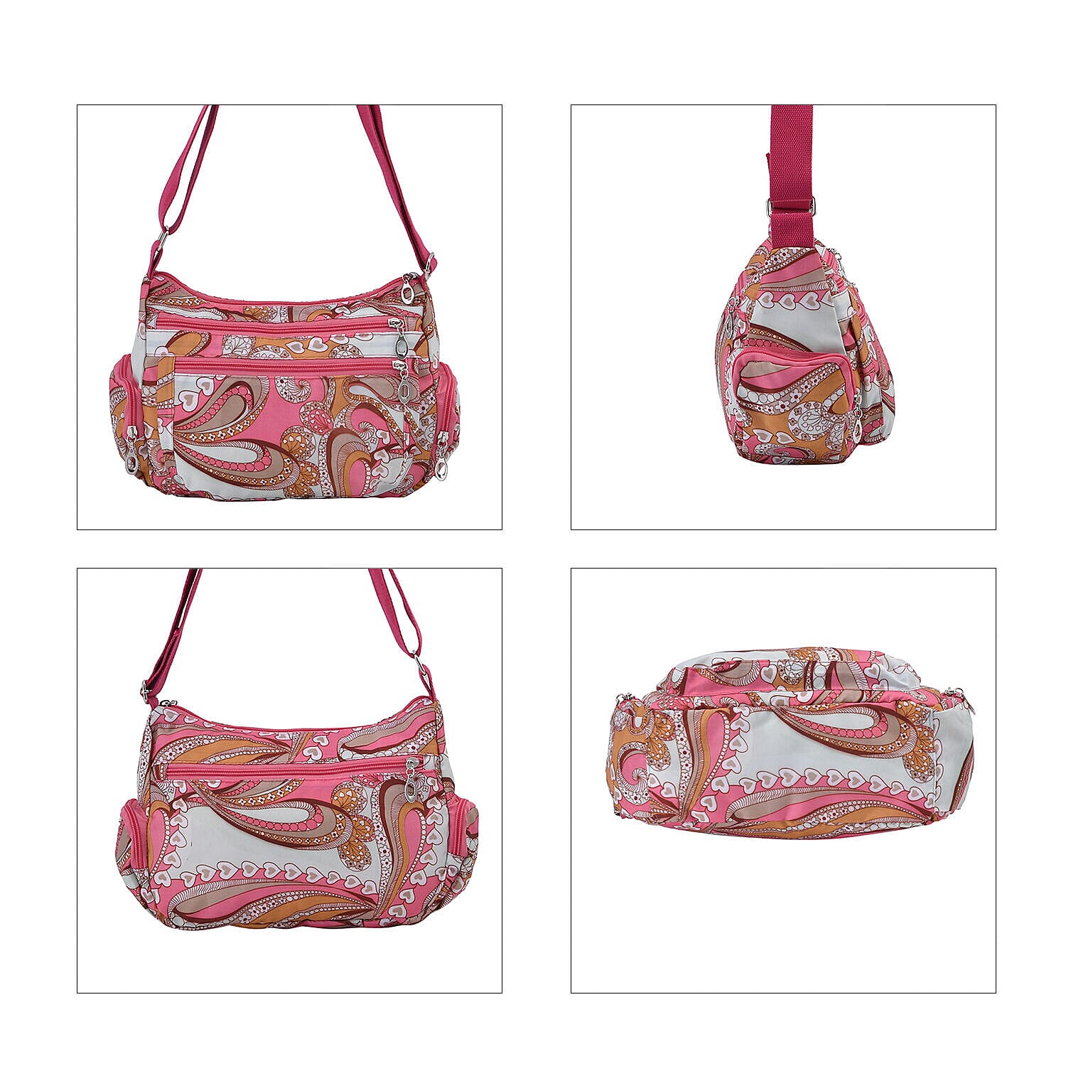 Oxford Heart Pattern Crossbody Bag with Shoulder Strap (Size 26x20x10 cm) - Pink and Multi