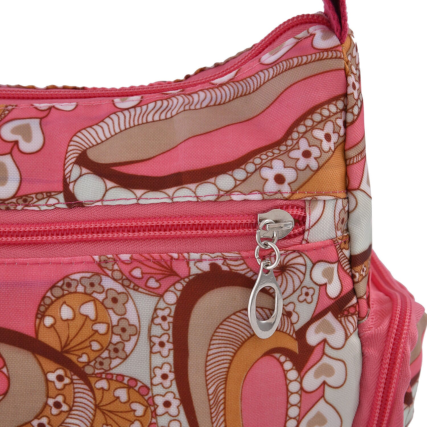 Oxford Heart Pattern Crossbody Bag with Shoulder Strap (Size 26x20x10 cm) - Pink and Multi