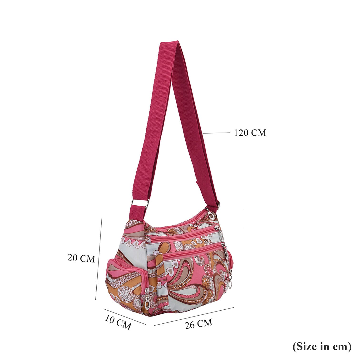 Oxford Heart Pattern Crossbody Bag with Shoulder Strap (Size 26x20x10 cm) - Pink and Multi