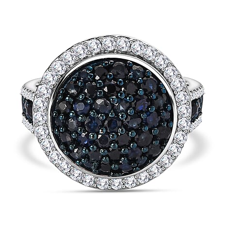 Blue Sapphire and Natural Zircon Cluster Ring in Platinum Overlay Sterling Silver 2.76 Ct, Silver Wt. 5.26 Gms