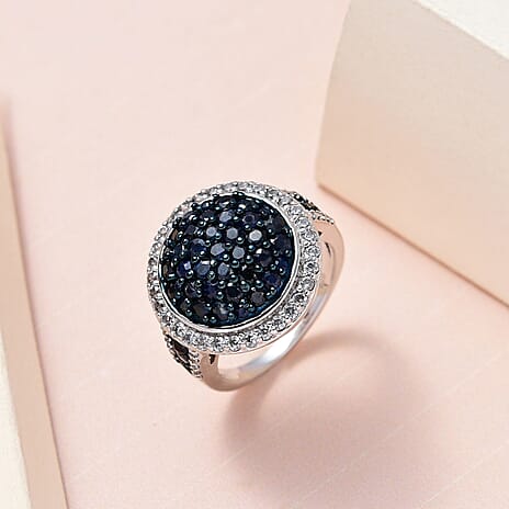 Blue Sapphire and Natural Zircon Cluster Ring in Platinum Overlay Sterling Silver 2.76 Ct, Silver Wt. 5.26 Gms