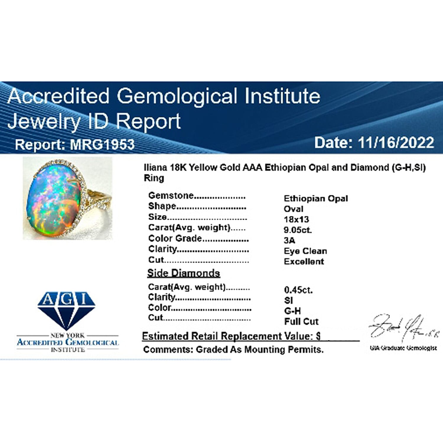 18K Yellow Gold  AAA   Ethiopian Opal ,  White Diamond  SI Ring 9.50 ct,  Gold Wt. 5.87 Gms  9.500  Ct.