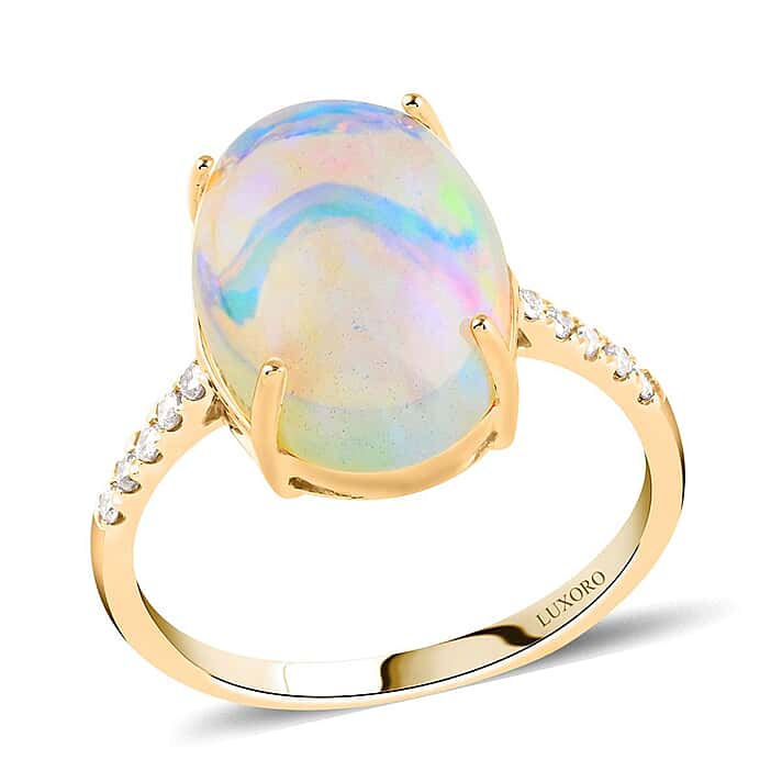 AGI Certified and Appraised 14K Yellow Gold AAA Ethiopian Welo Opal and Diamond Ring 4.40 Ct.