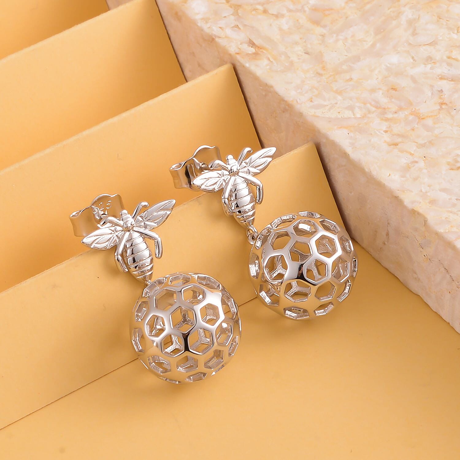 LucyQ Honeycomb Collection - Rhodium Overlay Sterling Silver Drop Earrings (with Push Back)