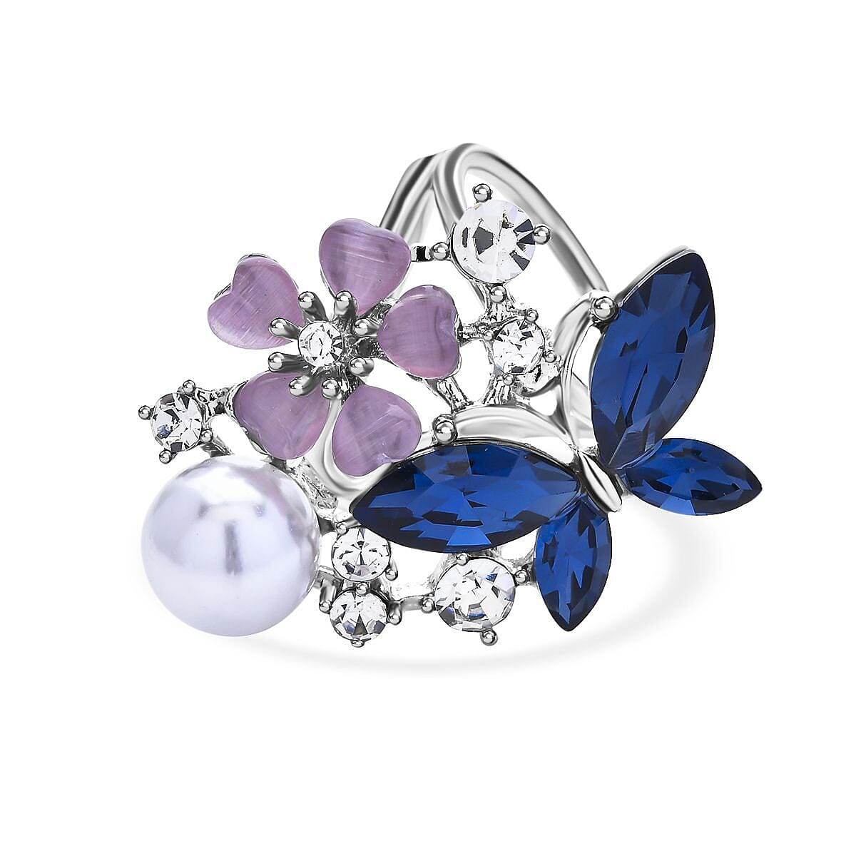 Simulated Pearl, Simulated Blue Sapphire, White Austrain Crystal and Simulated Pink Cats Eye Butterfly and Floral Scarf Ring in Silver Tone