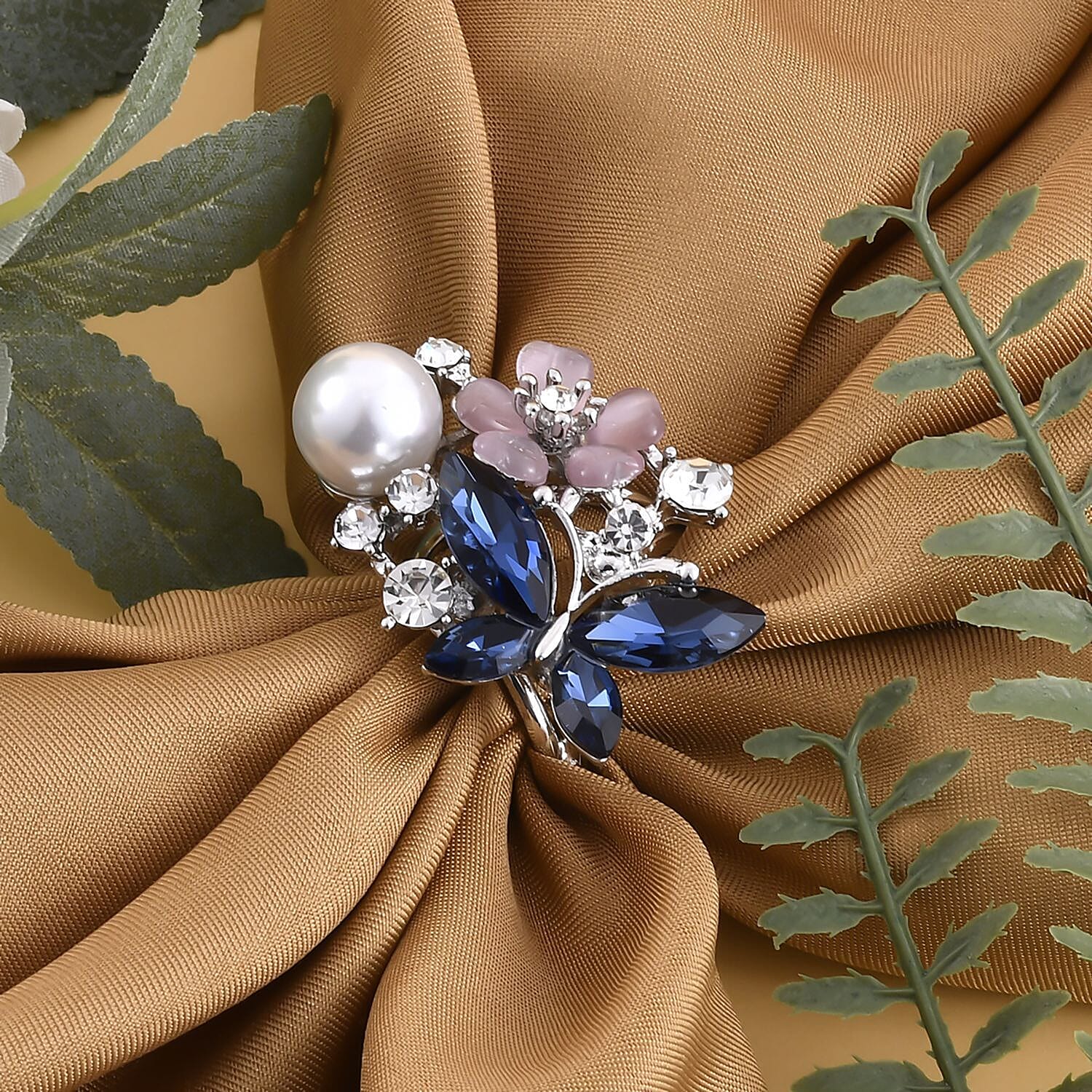Simulated Pearl, Simulated Blue Sapphire, White Austrain Crystal and Simulated Pink Cats Eye Butterfly and Floral Scarf Ring in Silver Tone