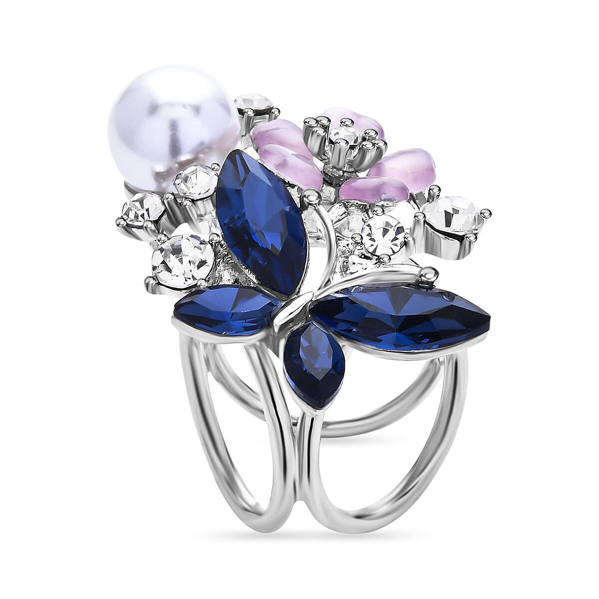 Simulated Pearl, Simulated Blue Sapphire, White Austrain Crystal and Simulated Pink Cats Eye Butterfly and Floral Scarf Ring in Silver Tone