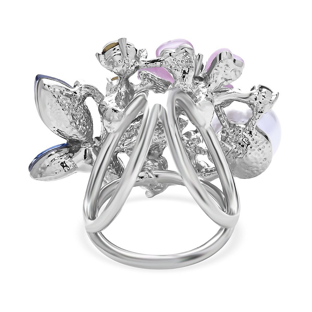 Simulated Pearl, Simulated Blue Sapphire, White Austrain Crystal and Simulated Pink Cats Eye Butterfly and Floral Scarf Ring in Silver Tone