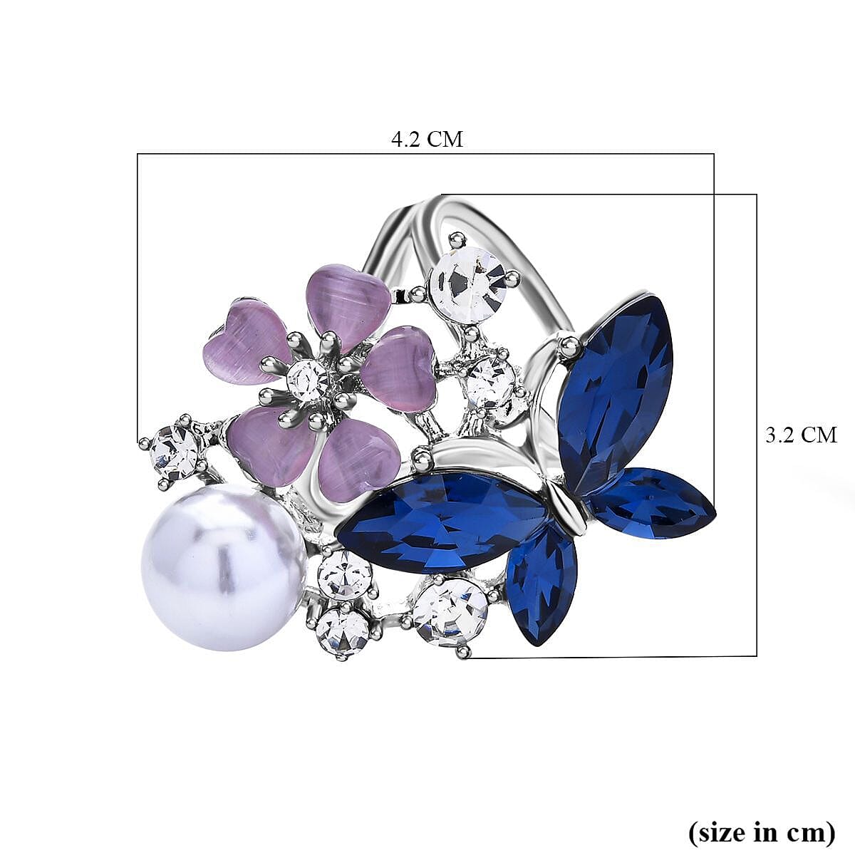 Simulated Pearl, Simulated Blue Sapphire, White Austrain Crystal and Simulated Pink Cats Eye Butterfly and Floral Scarf Ring in Silver Tone