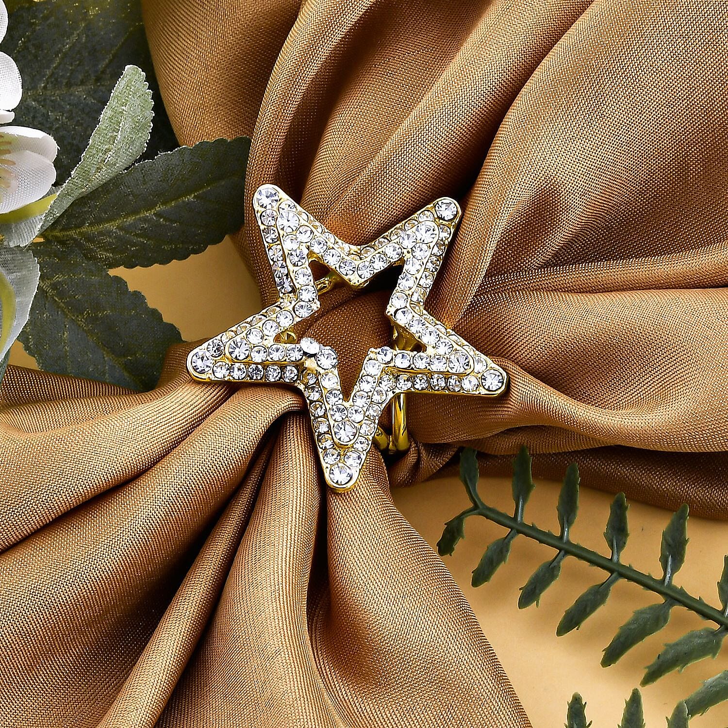 White Austrain Crystal Star Scarf Ring in Yellow Gold Tone