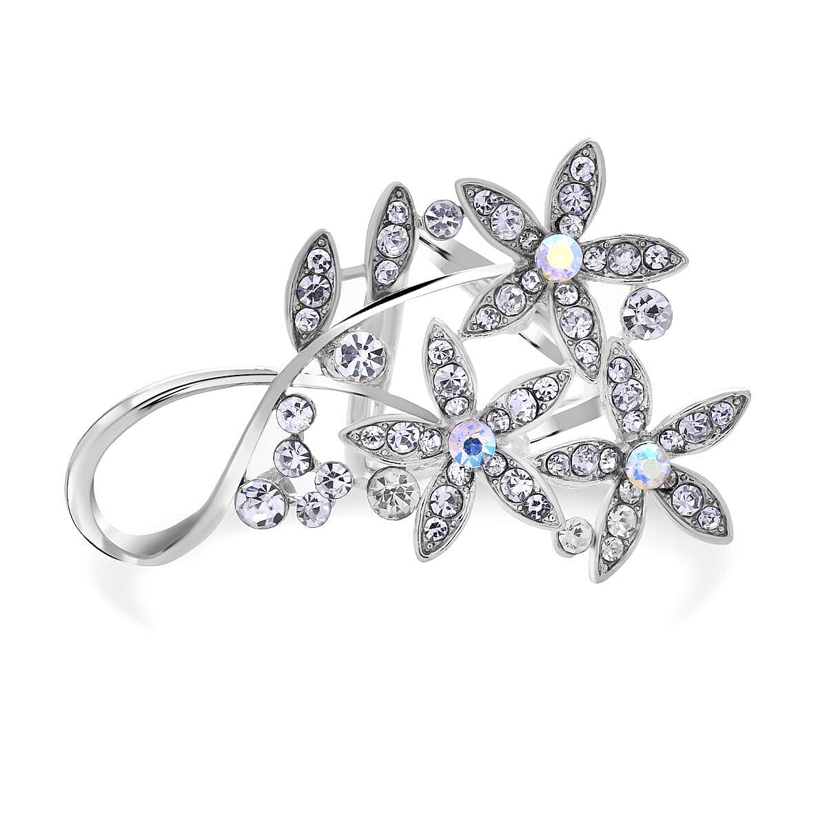 White Austrian Crystal and Simulated AB White Austrian Crystal Floral Scarf Ring in Silver Tone