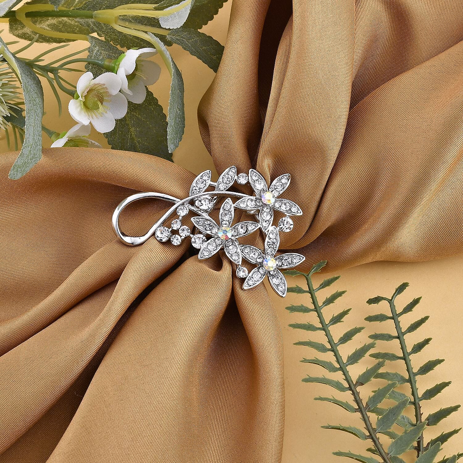 White Austrian Crystal and Simulated AB White Austrian Crystal Floral Scarf Ring in Silver Tone