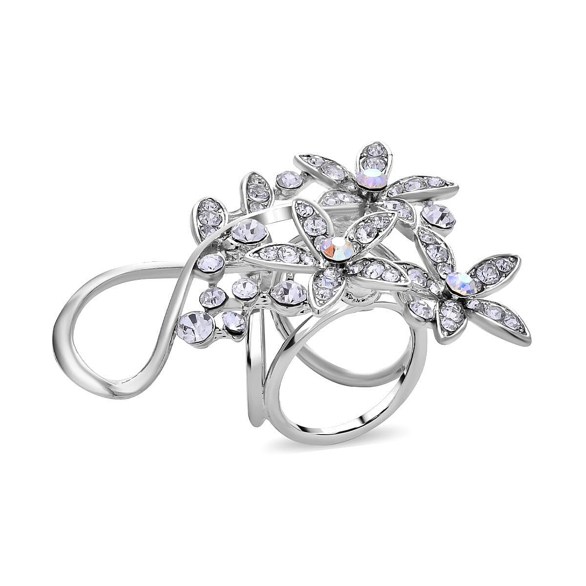 White Austrian Crystal and Simulated AB White Austrian Crystal Floral Scarf Ring in Silver Tone
