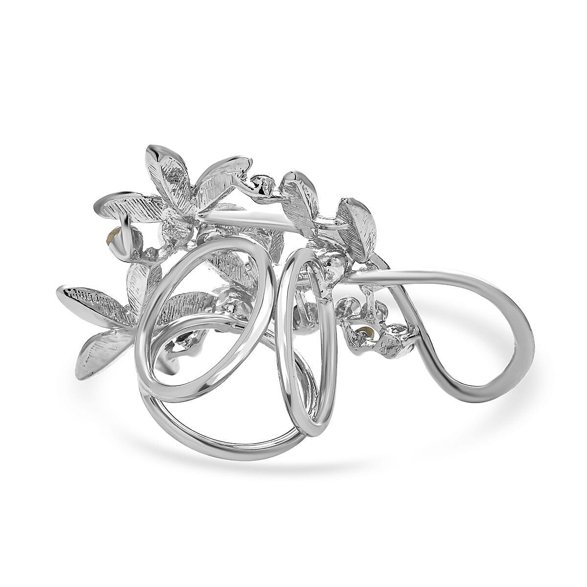 White Austrian Crystal and Simulated AB White Austrian Crystal Floral Scarf Ring in Silver Tone