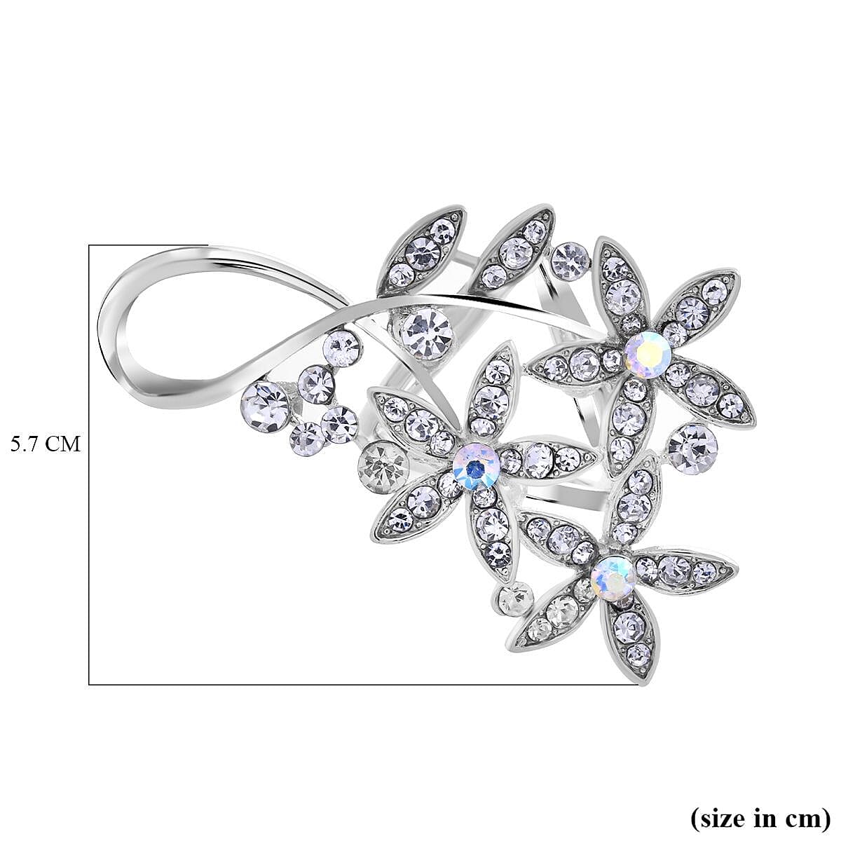 White Austrian Crystal and Simulated AB White Austrian Crystal Floral Scarf Ring in Silver Tone
