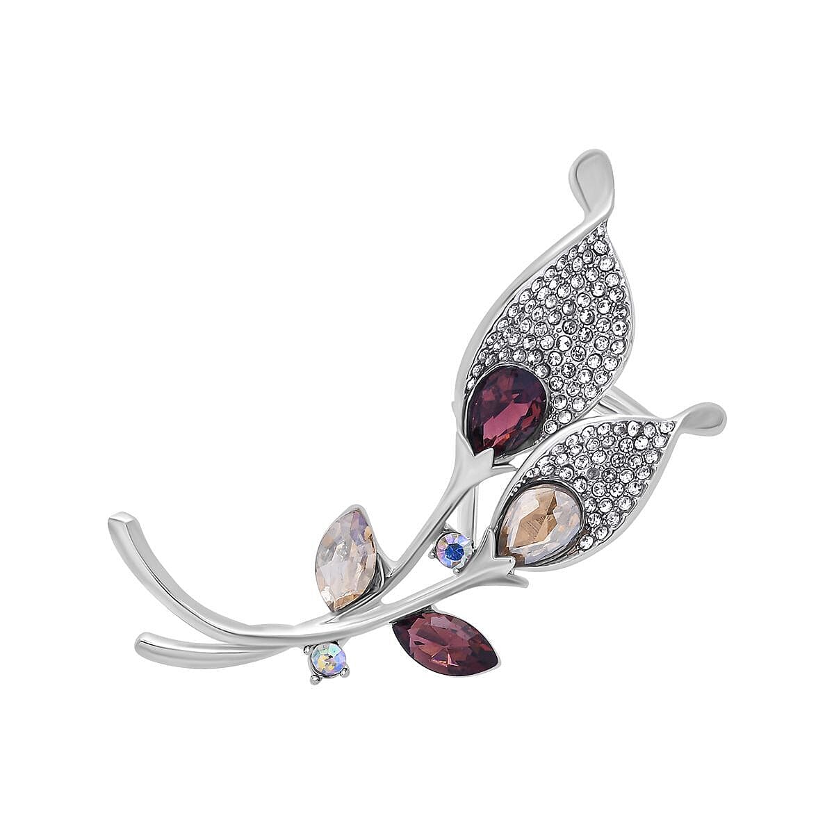 Simulated Champagne Diamond, Simulated AB White Austrian Crystal, White Austrian Crystal and Simulated Purple Sapphire Calla Lily Scarf Ring in Silver Tone
