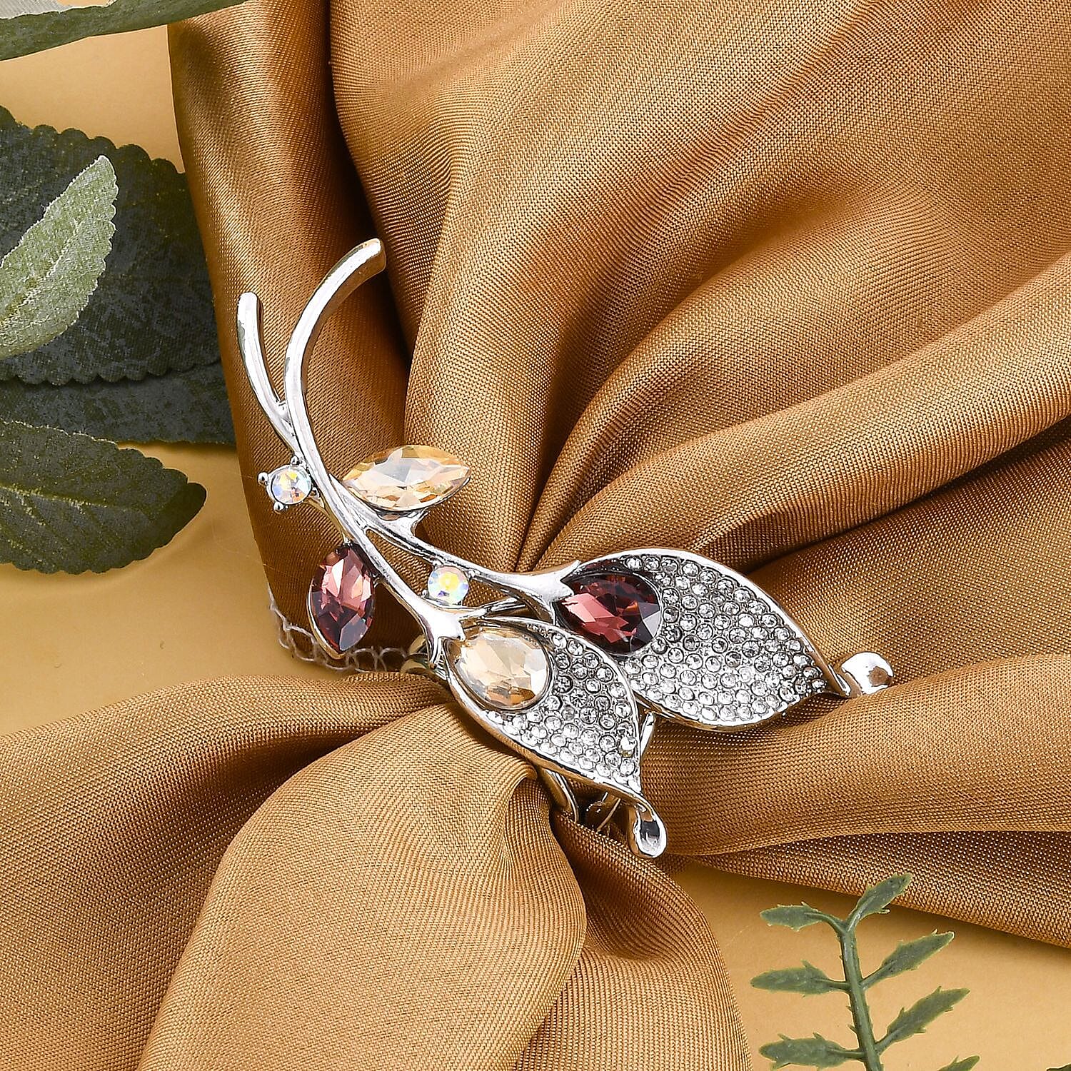 Simulated Champagne Diamond, Simulated AB White Austrian Crystal, White Austrian Crystal and Simulated Purple Sapphire Calla Lily Scarf Ring in Silver Tone