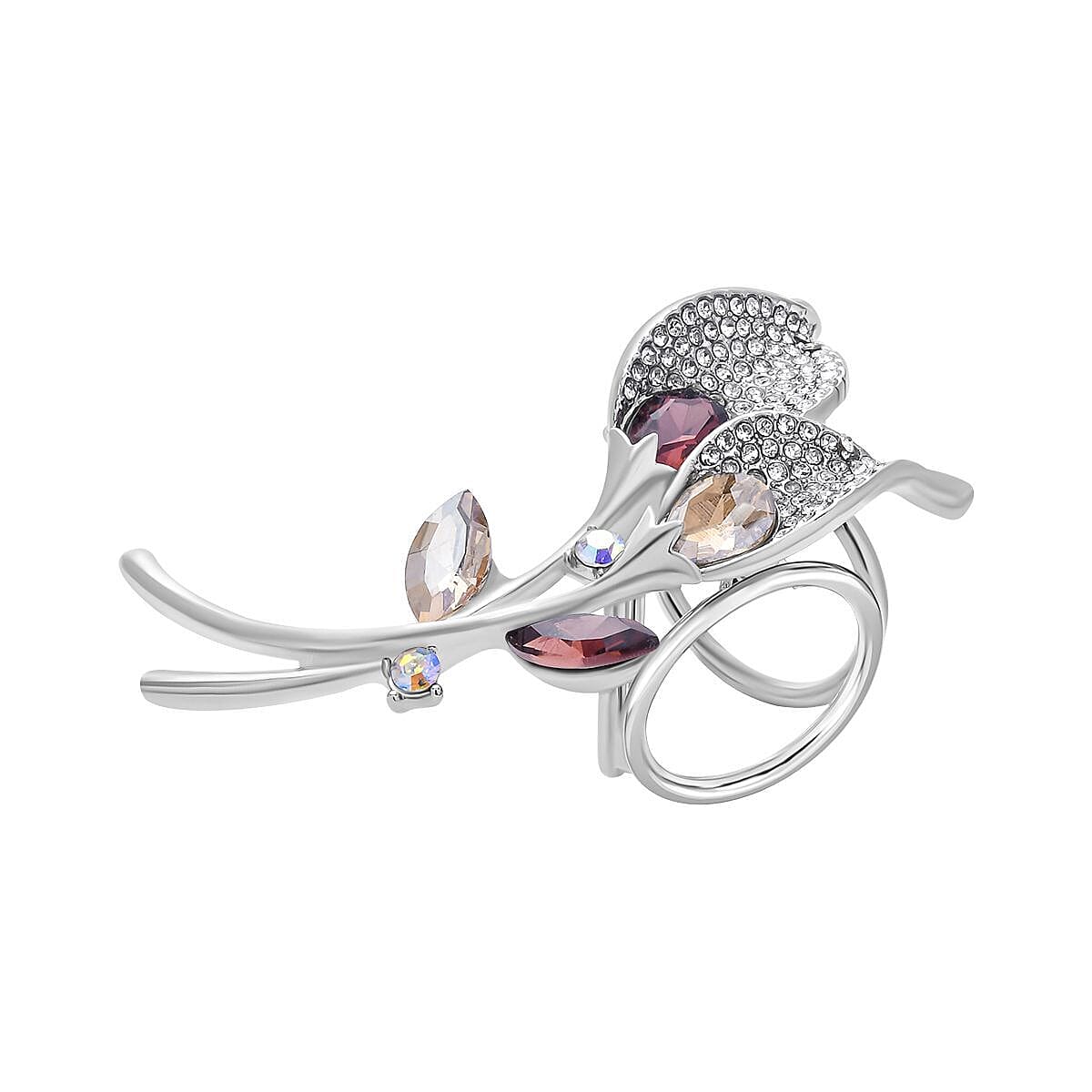 Simulated Champagne Diamond, Simulated AB White Austrian Crystal, White Austrian Crystal and Simulated Purple Sapphire Calla Lily Scarf Ring in Silver Tone
