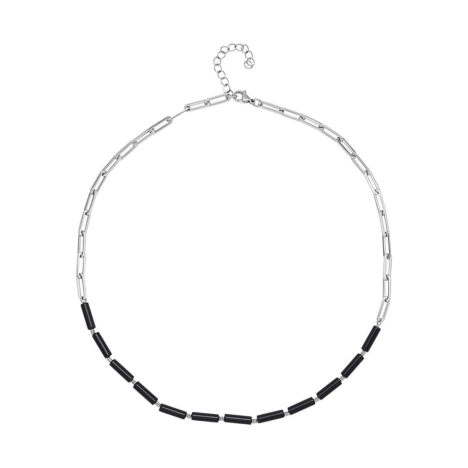 Black Onyx Necklace (Size - 20 with 2 Inch Extender) in Stainless Steel 36.00 Ct.