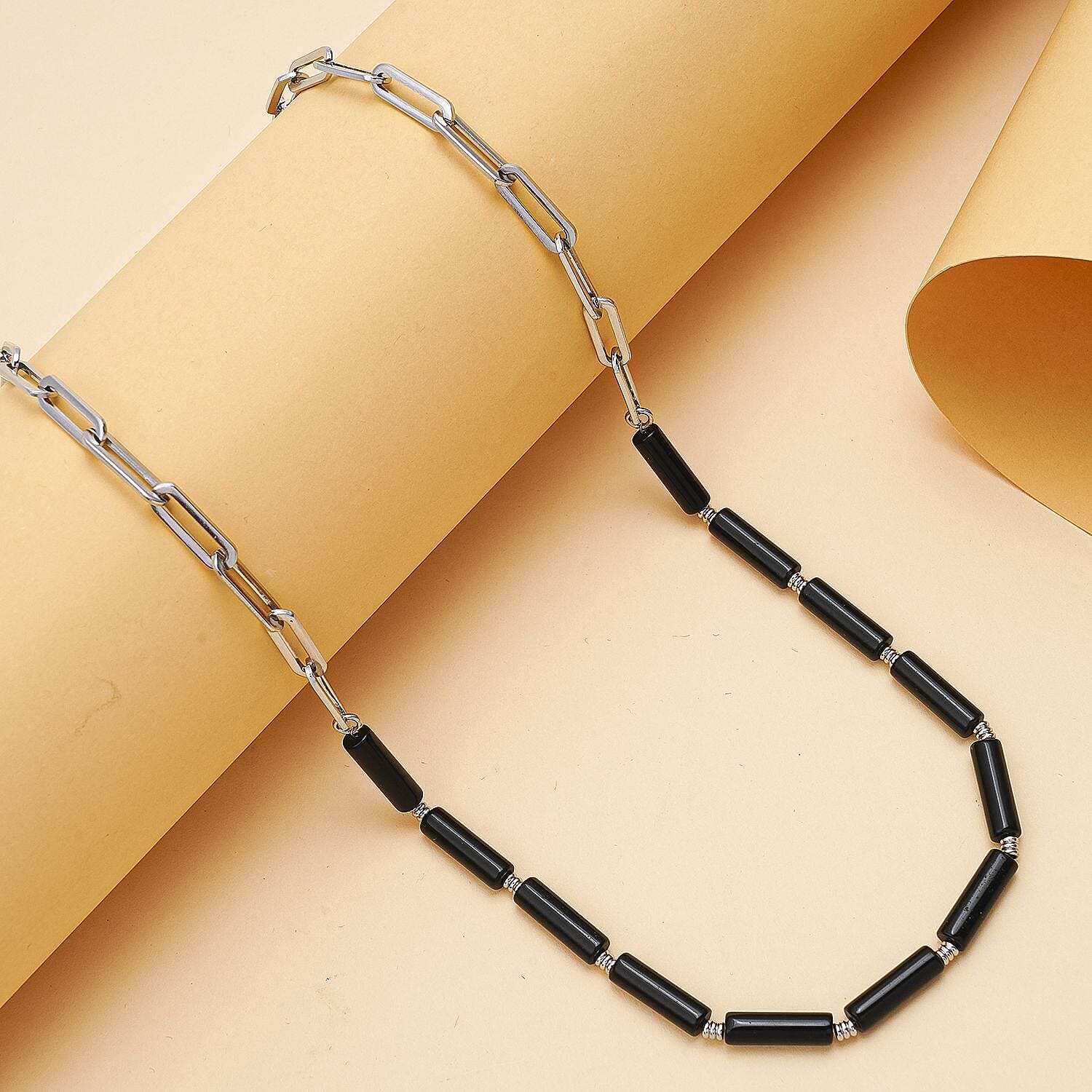 Black Onyx Necklace (Size - 20 with 2 Inch Extender) in Stainless Steel 36.00 Ct.