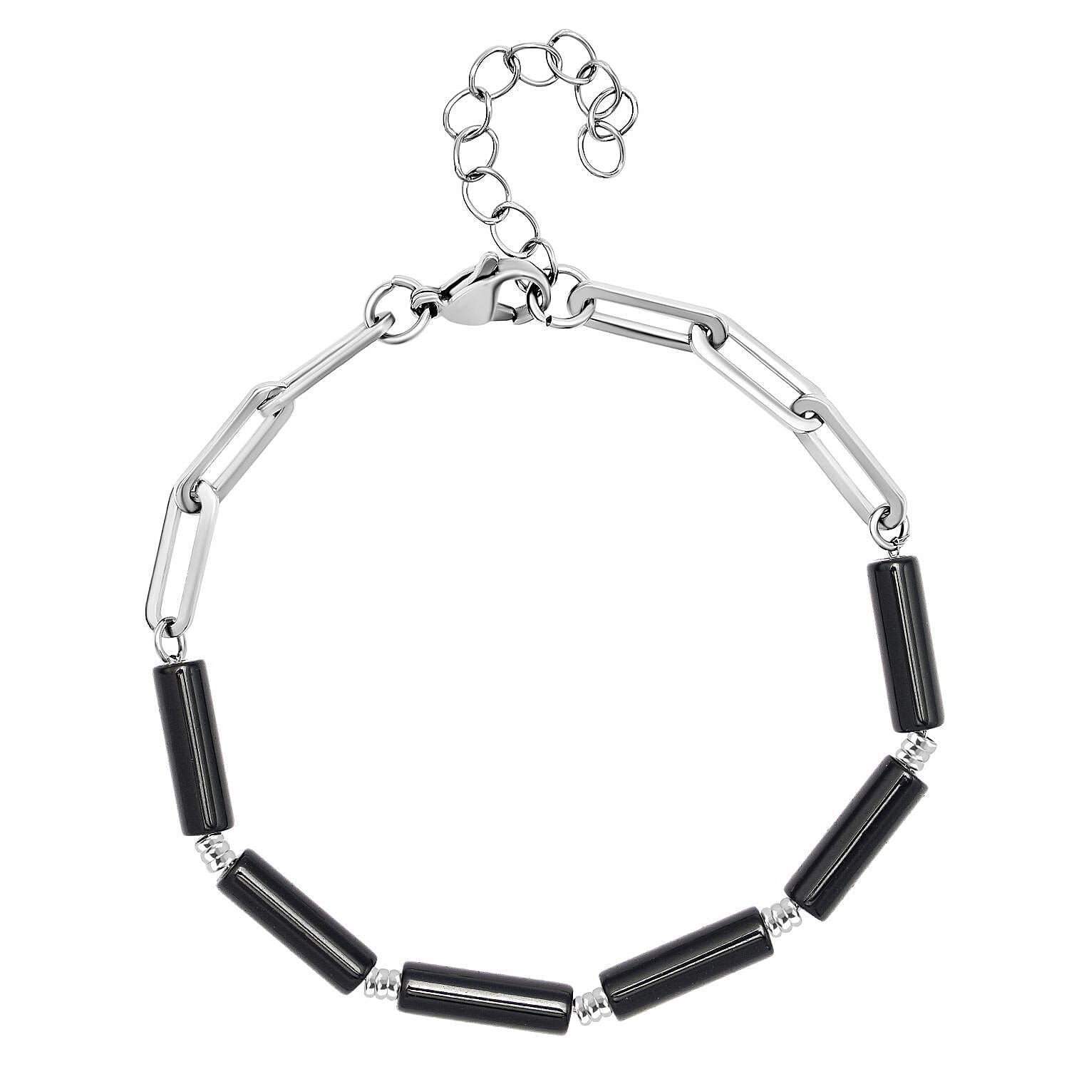 Black Onyx Beads Bracelet (Size - 7.5 with Ext.) in Stainless Steel 18.00 Ct.
