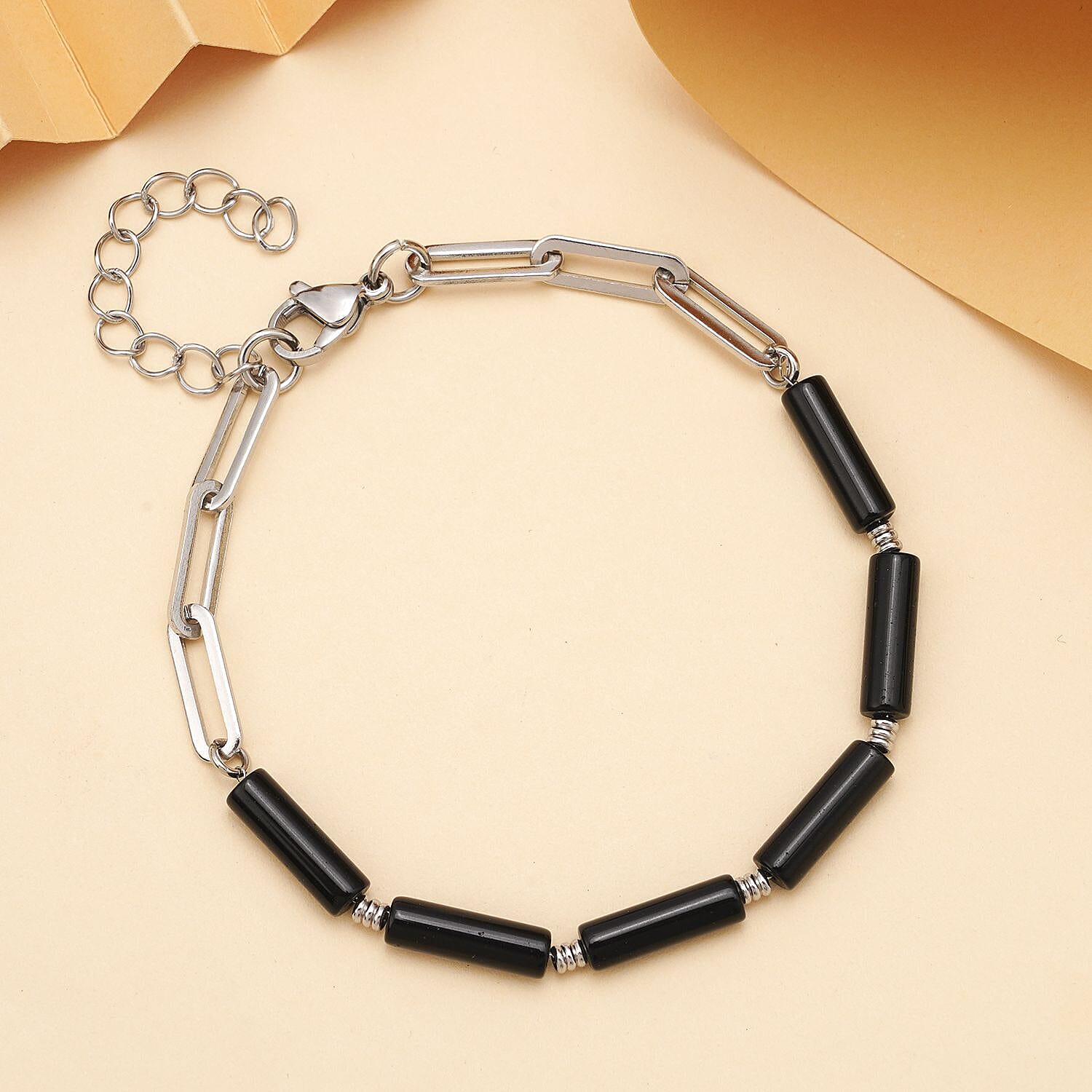 Black Onyx Beads Bracelet (Size - 7.5 with Ext.) in Stainless Steel 18.00 Ct.