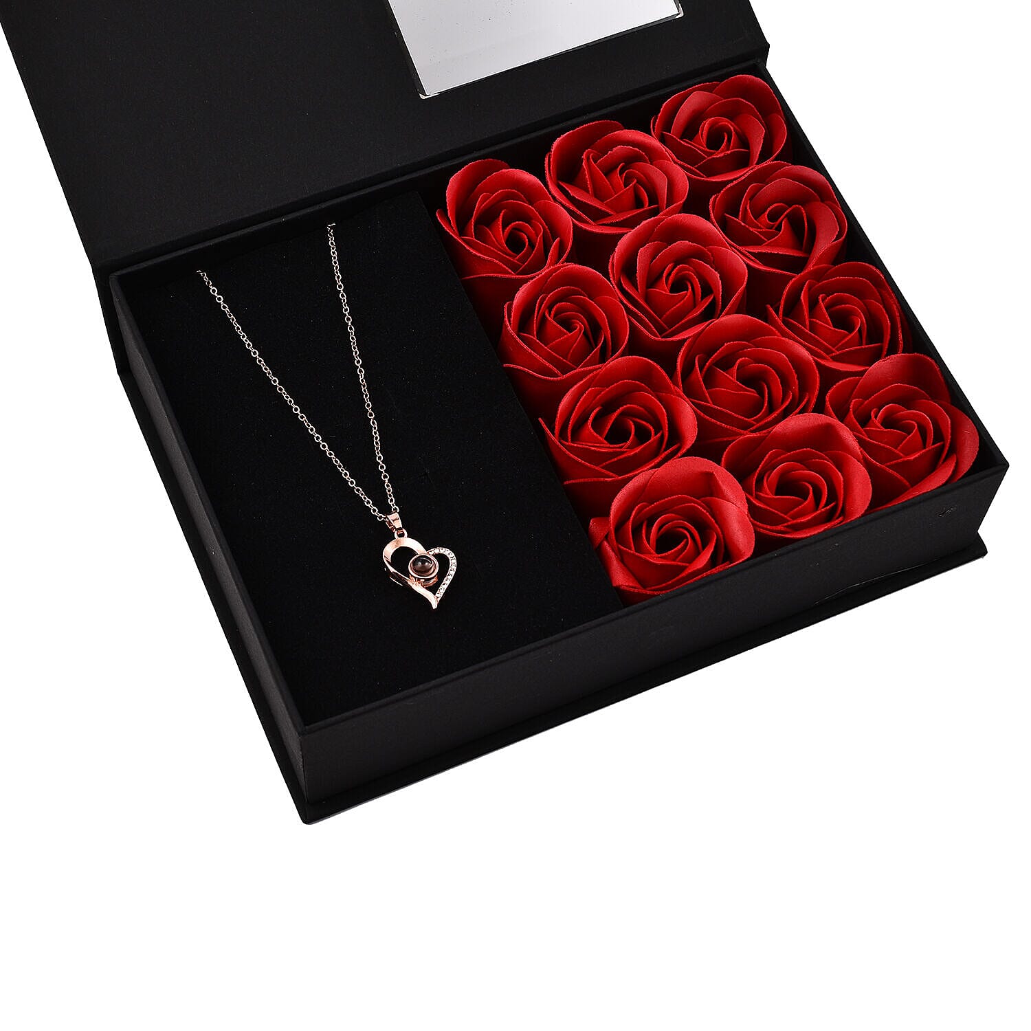 London CloseOut-Soap Flower Gift Box with Heart Necklace (18-2 Extension) - Red & Rose Gold