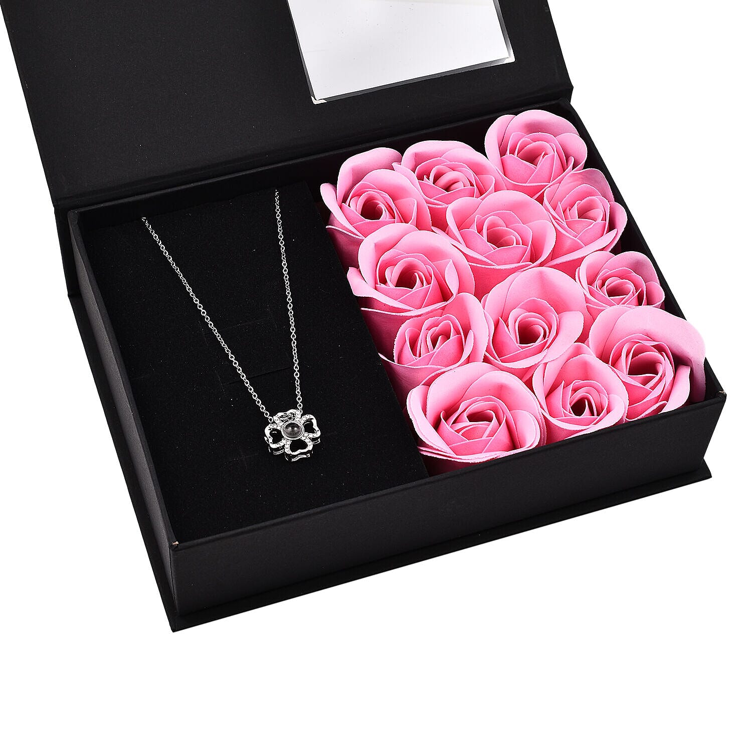 London CloseOut-Soap Flower Gift Box with Heart Necklace (18-2 Extension) - Pink - Silver
