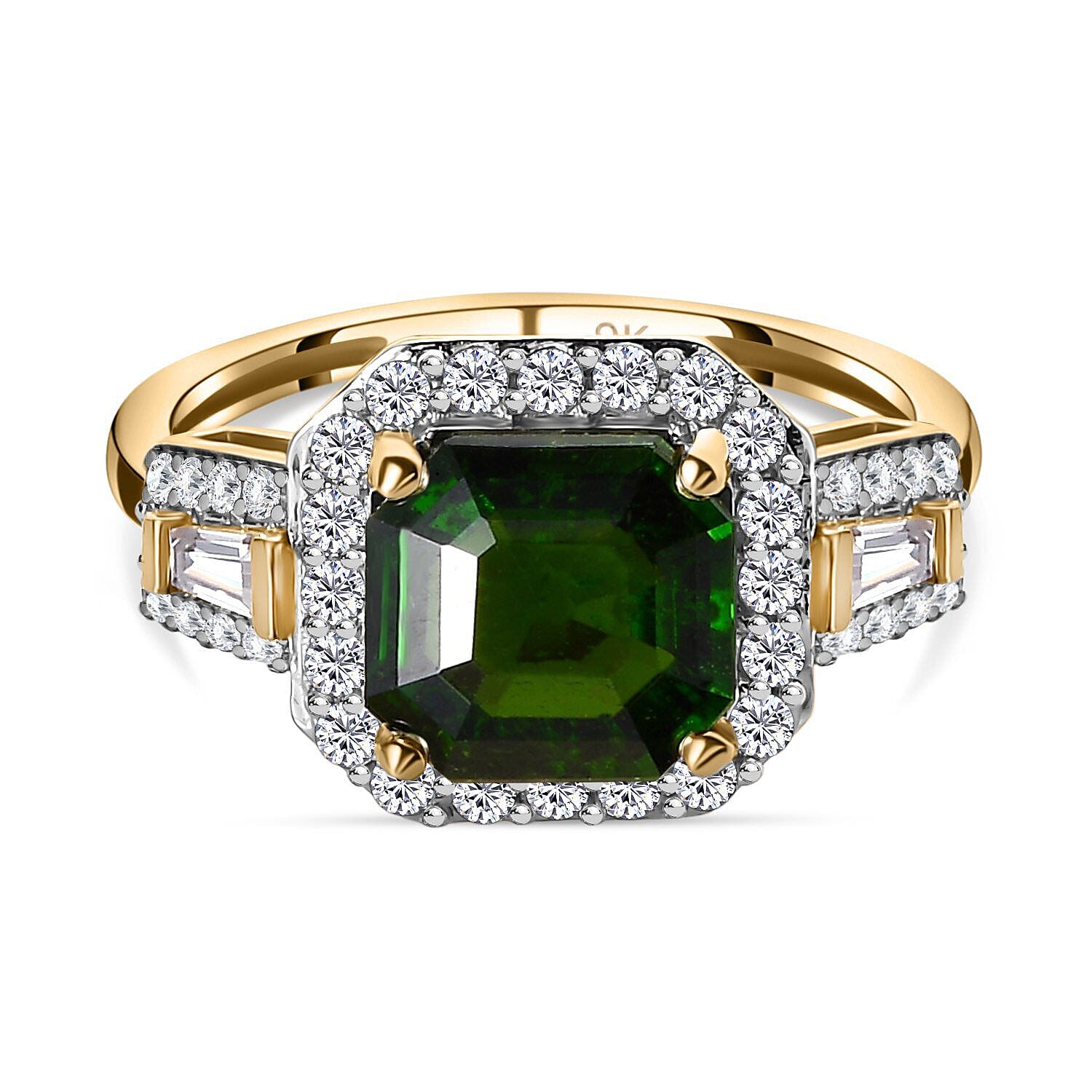 9K Yellow Gold Natural Chrome Diopside and Moissanite Halo Ring 3 Ct.