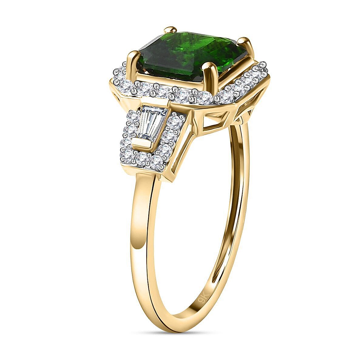 9K Yellow Gold Natural Chrome Diopside and Moissanite Halo Ring 3 Ct.