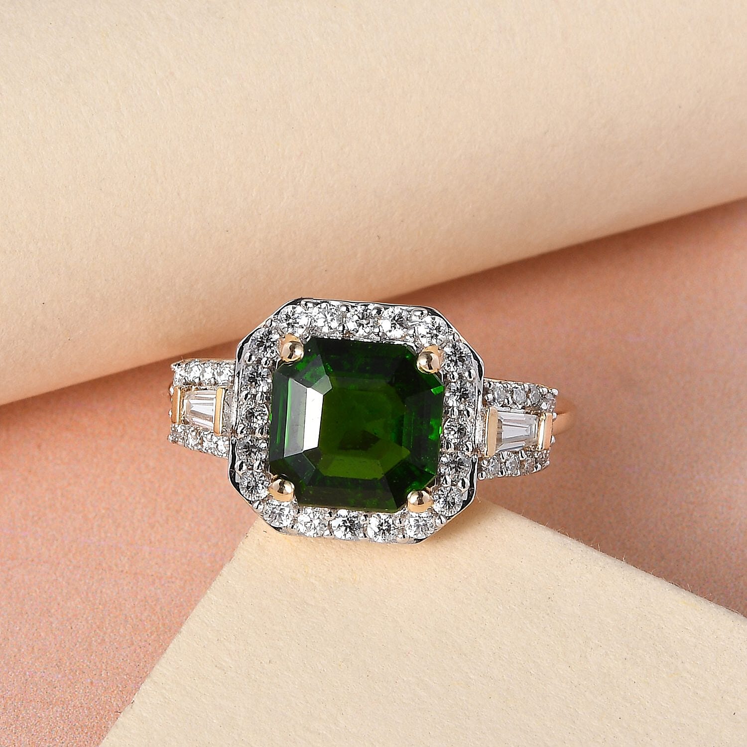 9K Yellow Gold Natural Chrome Diopside and Moissanite Halo Ring 3 Ct.