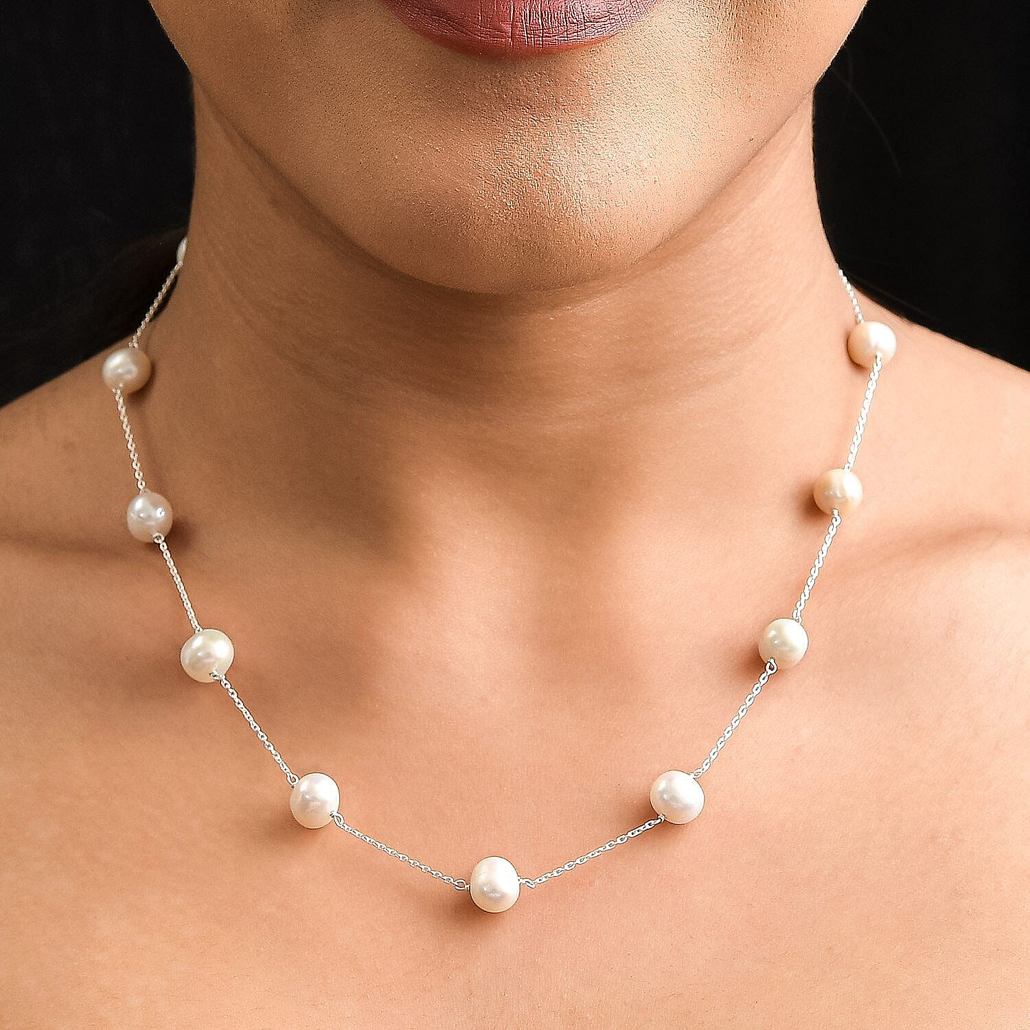 White Fresh Water Pearl Necklace (Size - 18) in Sterling Silver