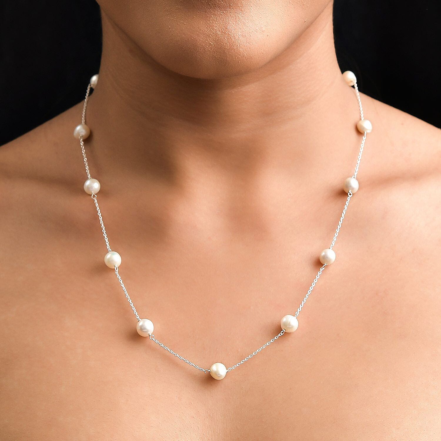 White Fresh Water Pearl Necklace (Size - 20) in Sterling Silver