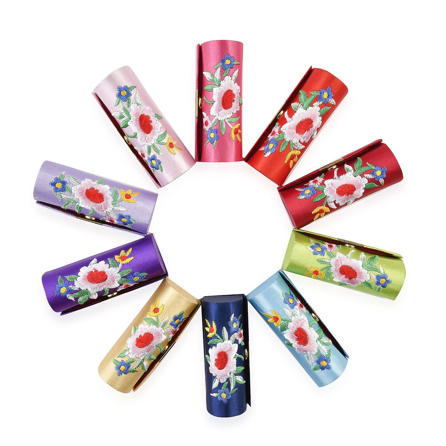Set of 10 Embroidered Flower Pattern Lipstick Case with Mirror (Size 8x3x3 cm)
