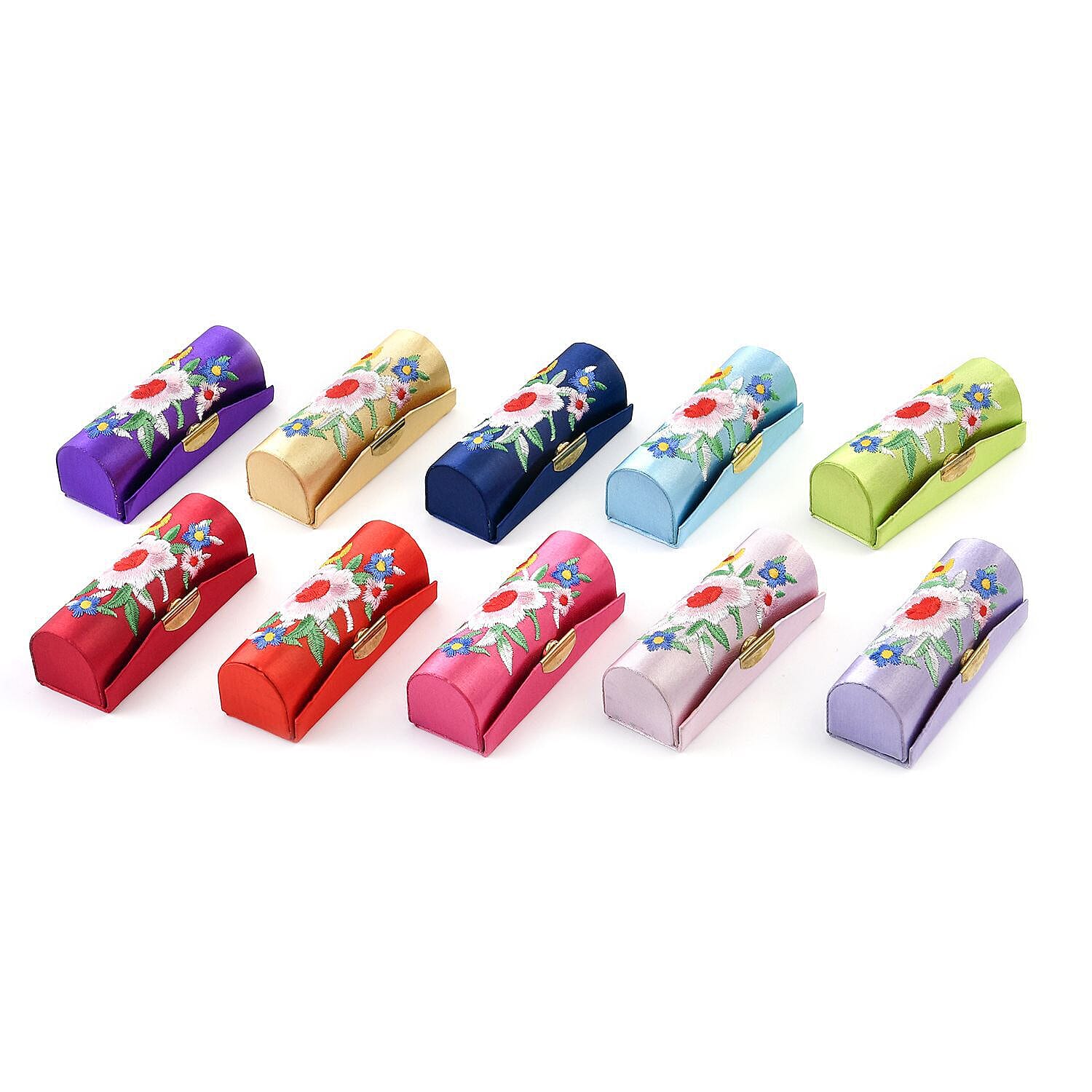 Set of 10 Embroidered Flower Pattern Lipstick Case with Mirror (Size 8x3x3 cm)