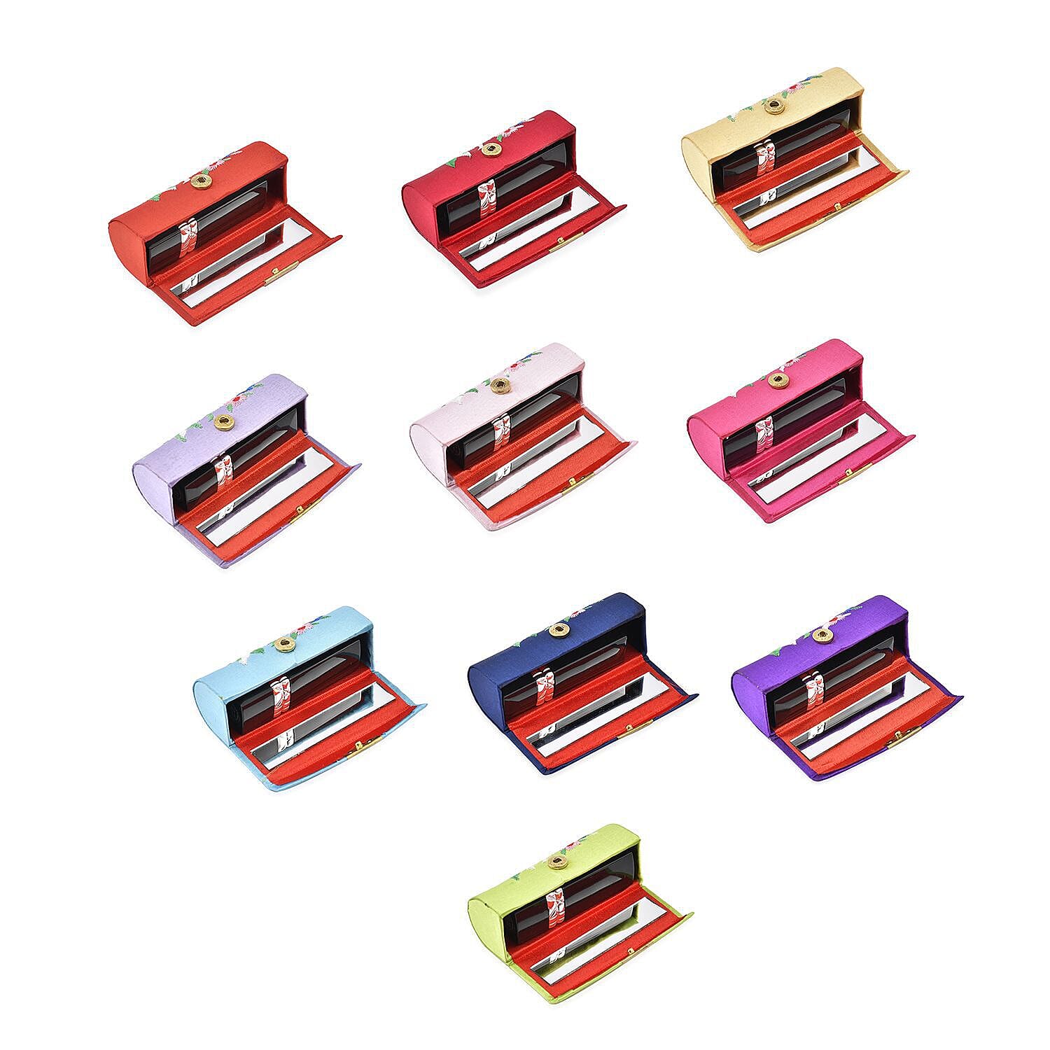 Set of 10 Embroidered Flower Pattern Lipstick Case with Mirror (Size 8x3x3 cm)