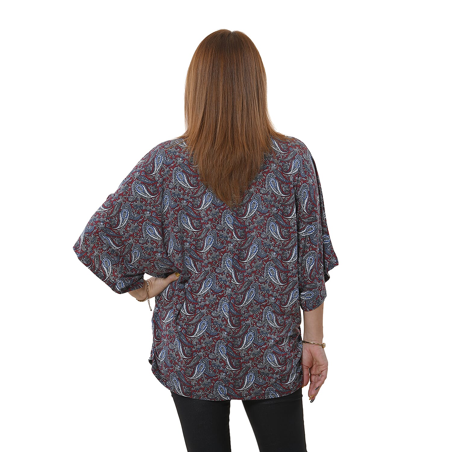 TAMSY Printed V-Neck Knit Drape Top (Size 8-22) - Blue and Multi