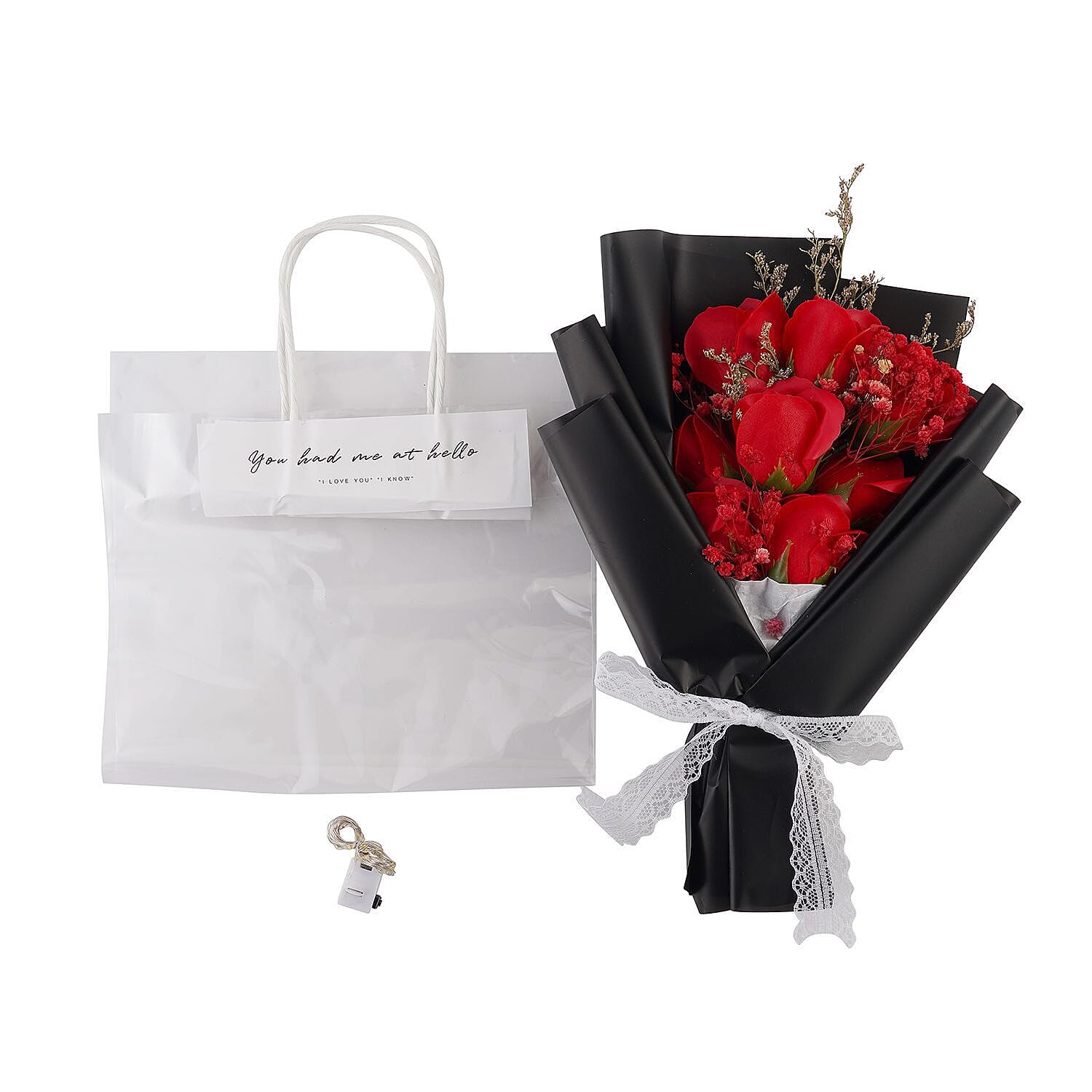 London Closeout- Rose Flower Bouquet with 20 LED Light String  - Red