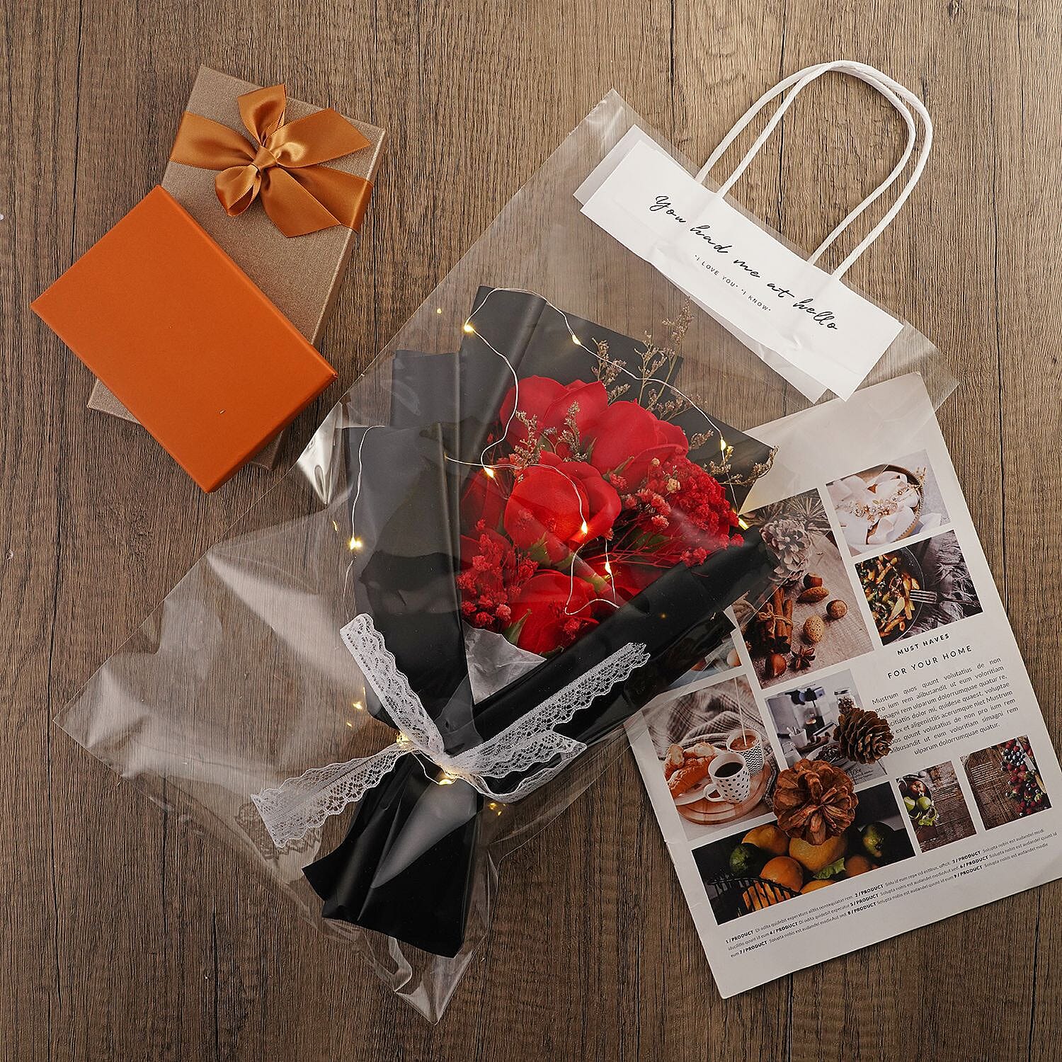 London Closeout- Rose Flower Bouquet with 20 LED Light String  - Red