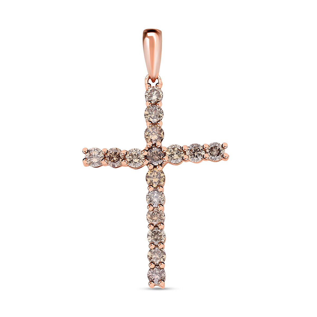 9K Rose Gold Natural Champagne Diamond Cross Pendant 1.08 Ct