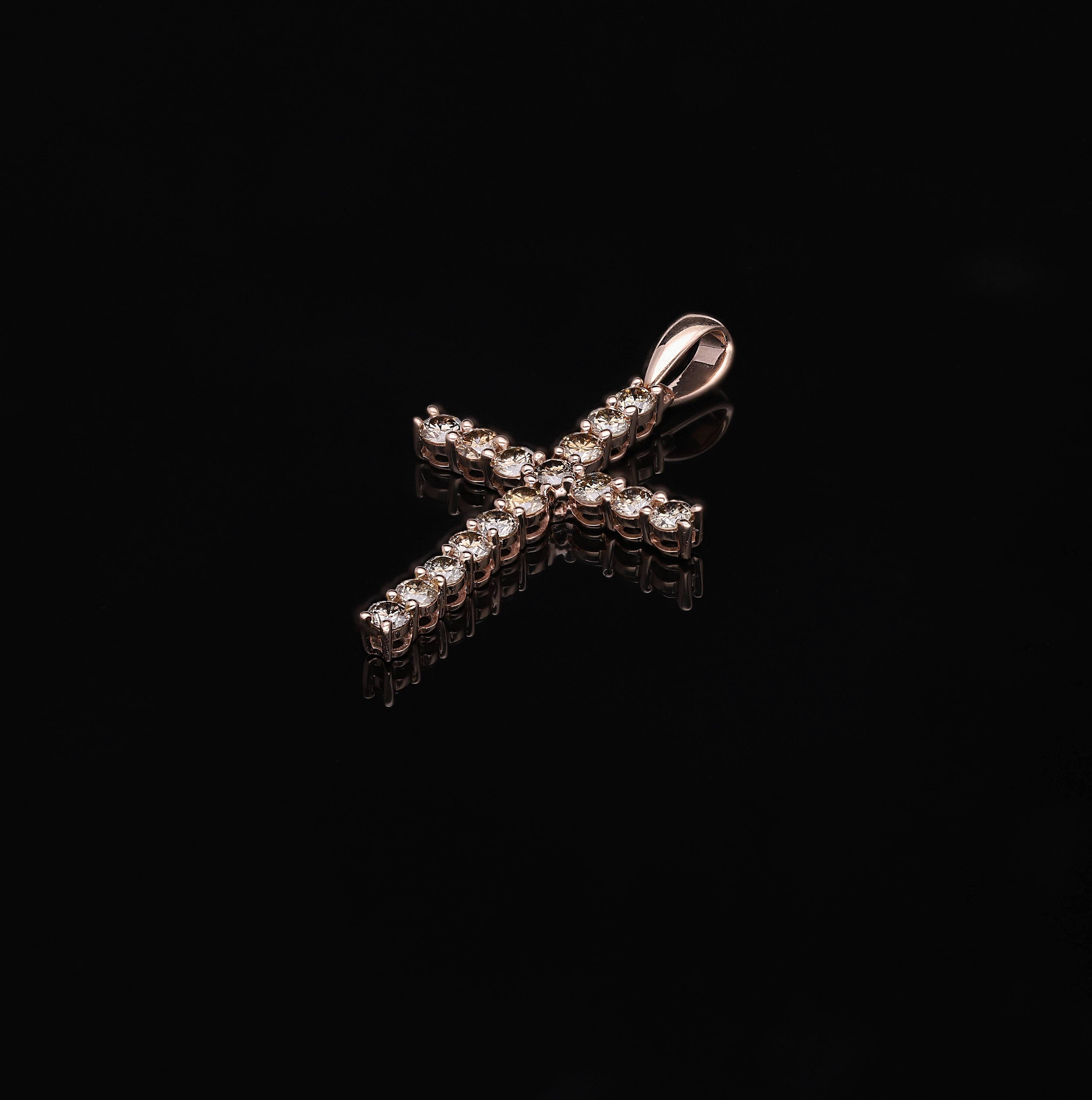 9K Rose Gold Natural Champagne Diamond Cross Pendant 1.08 Ct