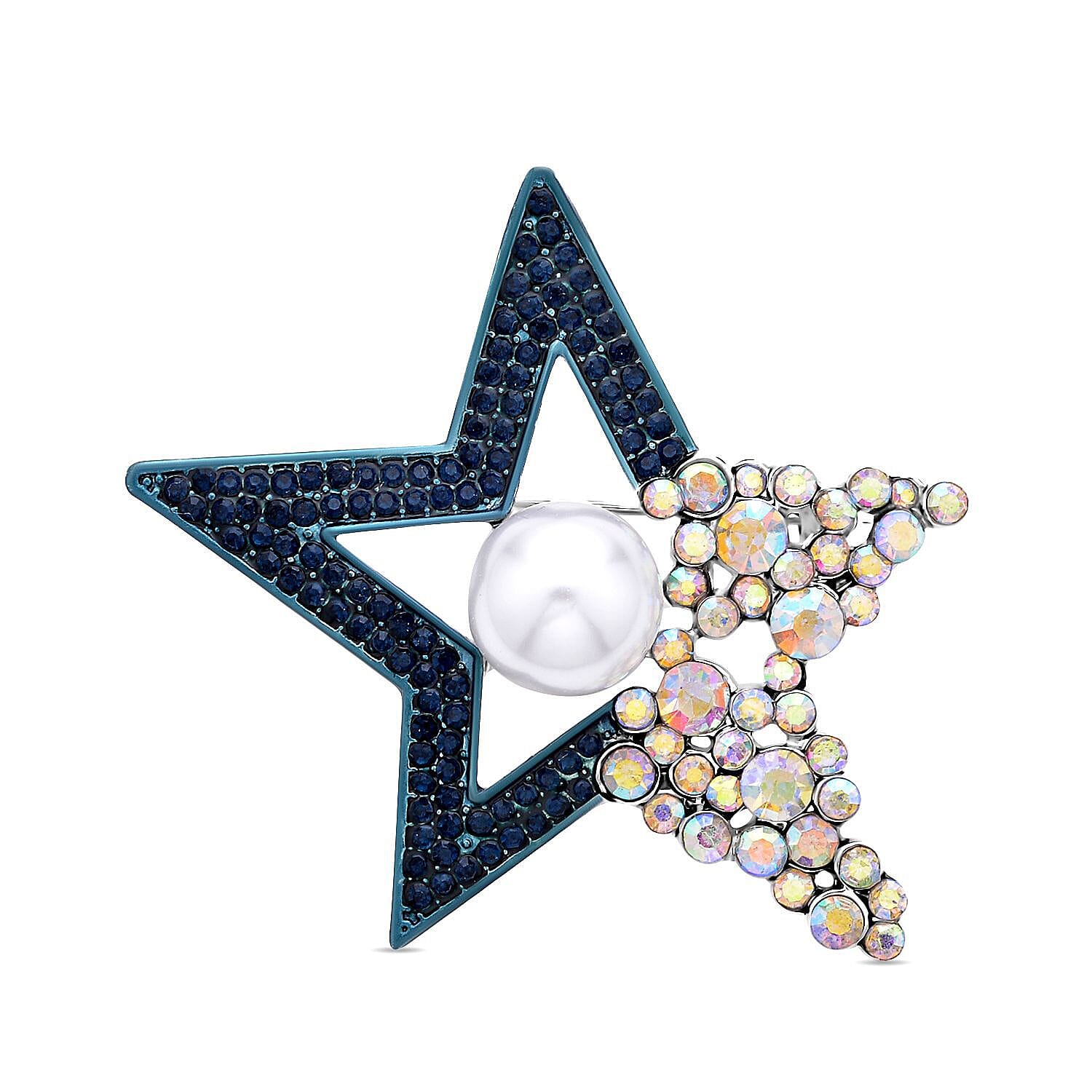 Blue Austrian Crystal, Simulated Mercury Mystic Topaz and Simulated Pearl Star Brooch in Silver Tone