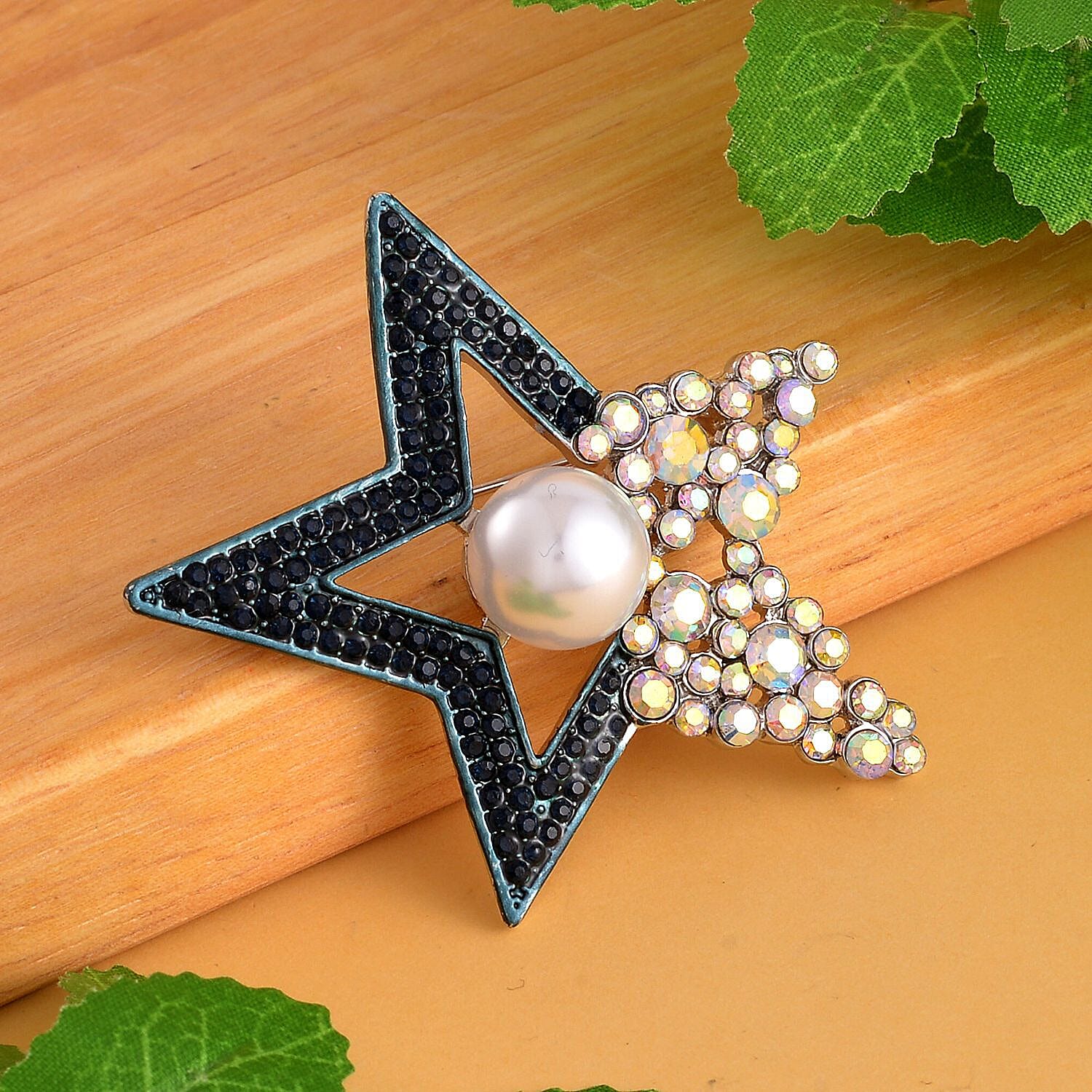 Blue Austrian Crystal, Simulated Mercury Mystic Topaz and Simulated Pearl Star Brooch in Silver Tone